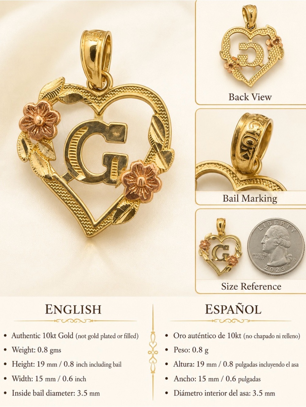 10kt Gold Heart Initial 'G' Pendant with Rose Gold Flowers